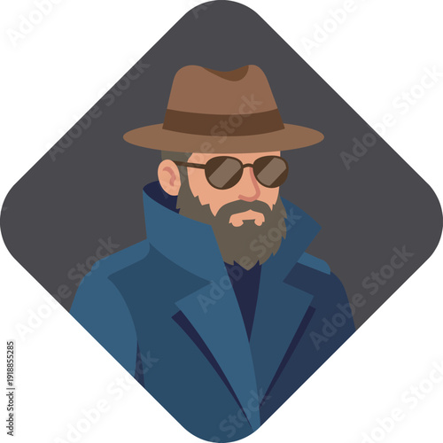 This sleek illustration features a male detective with sunglasses, a stylish hat, and a blue overcoat, evoking a mysterious and cool atmosphere perfect for intrigue.