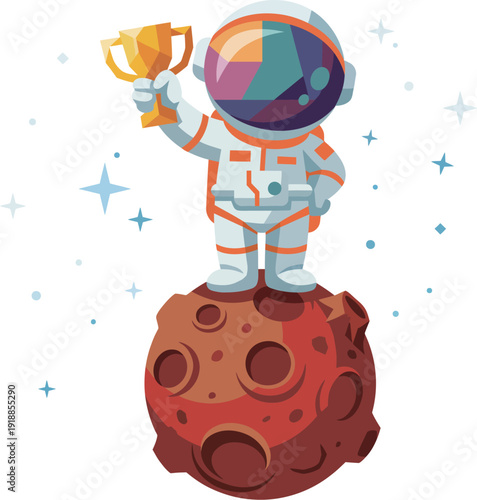 This captivating illustration depicts an astronaut standing proudly on the moon while holding a trophy, symbolizing achievement, exploration, and the human spirit of adventure.