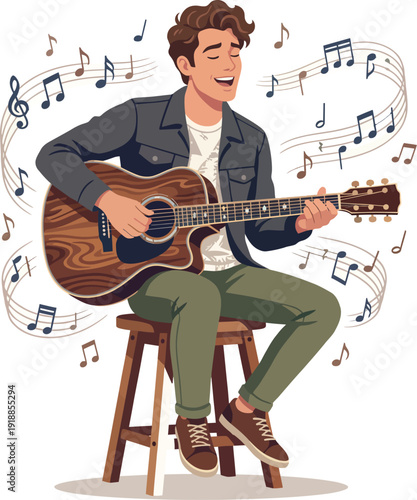 This lively illustration captures a young man joyfully singing while playing his guitar, surrounded by musical notes, embodying the spirit of music and creativity.