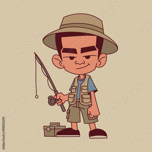 Cute cartoon boy character wearing fishing gear with fishing rod and tackle box illustration