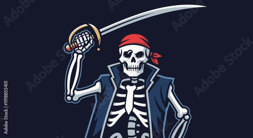 Skeleton Pirate with Cutlass Sword and Red Bandana on Dark Blue Background