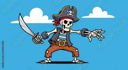 Cartoon Skeleton Pirate with Sword and Pirate Hat