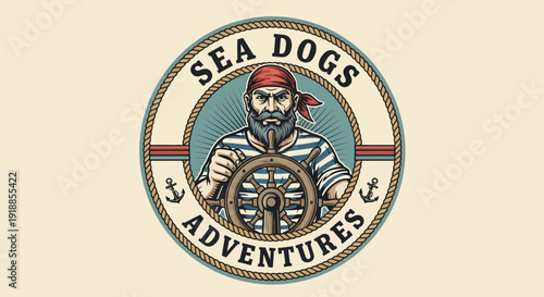 Vintage Sailor at Helm, Nautical Logo, Sea Dogs Adventures Emblem