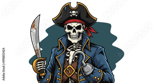 Skeleton Pirate with Cutlass and Hook Hand, Wearing Tricorne Hat