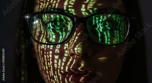 Coded Vision Woman in Glasses Bathed in Digital Matrix Light.