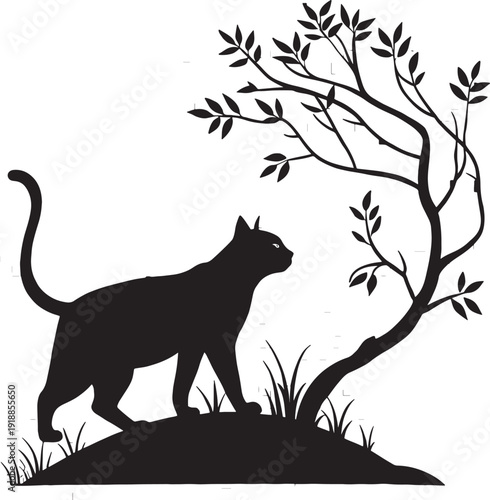 Isolated black silhouette of a wild wolf mammal howling at the moon in the nature forest woods, a predator wildlife vector illustration drawing on white