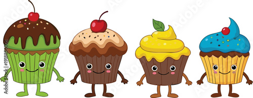 Cute cupcake cartoon characters set sweet dessert mascot colorful bakery vector illustration isolated collection design