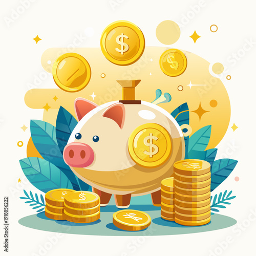 Golden coins cascade into a clean white piggy bank, symbolizing smart budgeting, steady deposits, and long-term financial growth. Minimal composition with bright lighting emphasizes savings discipline