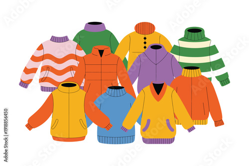 A collection of colorful sweaters and jackets are displayed against a white background.