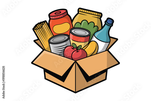 A cardboard box is filled with various food items including cans, jars, pasta, and fruit.