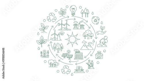 Eco-Circle: An elegant illustration of the interconnectedness of ecology, with a central sun radiating energy to the environment, showcasing sustainability, nature and the cycle of life.