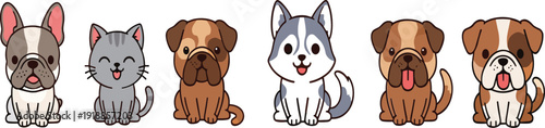 Cute dog and cat cartoon pet characters set adorable animal vector illustration isolated collection design
