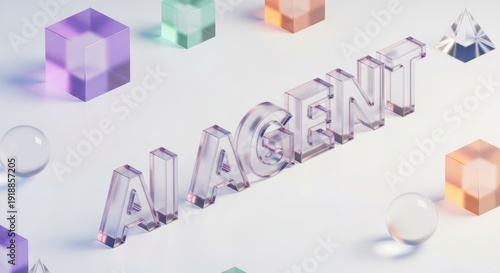 AI Agent text with translucent 3D letters and geometric shapes on a light background for artificial intelligence concept.