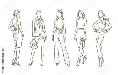 Black White Halftone Bow Girl Fashion Feminine Set 5 Sketch Contemporary Style-Elegant Accessory Outfit Vector Set