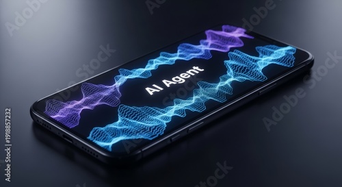 Smartphone displaying ai agent text with blue wave for futuristic digital assistant. Concept of artificial intelligence and voice command software.