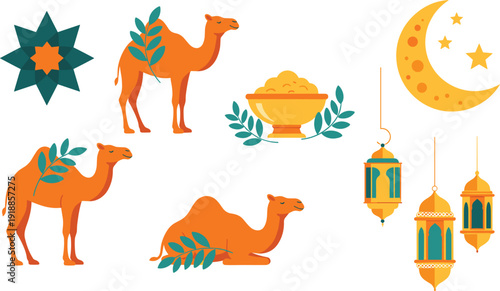Ramadan Kareem Islamic Icon Set with Camels Crescent Moon Lanterns and Traditional Decorative Elements Vector Illustration