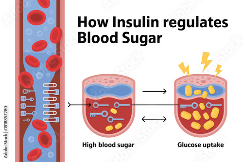 Illustration shows how insulin regulates blood sugar levels in the body.
