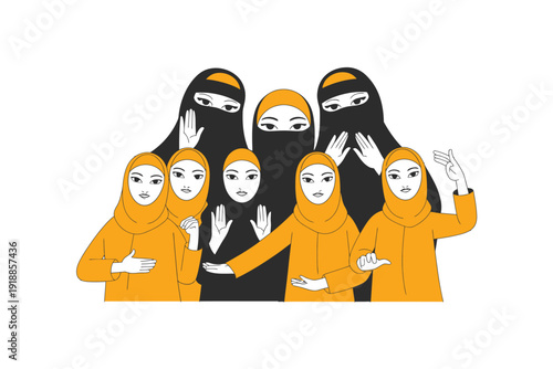 A diverse group of women stand together, some wearing hijabs and niqabs.
