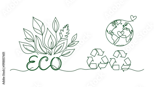 Eco-conscious: A minimalist graphic represents a commitment to environmental responsibility, featuring a stylized ECO, verdant foliage, a continuous line drawing of Earth, and a symbol of recycling.