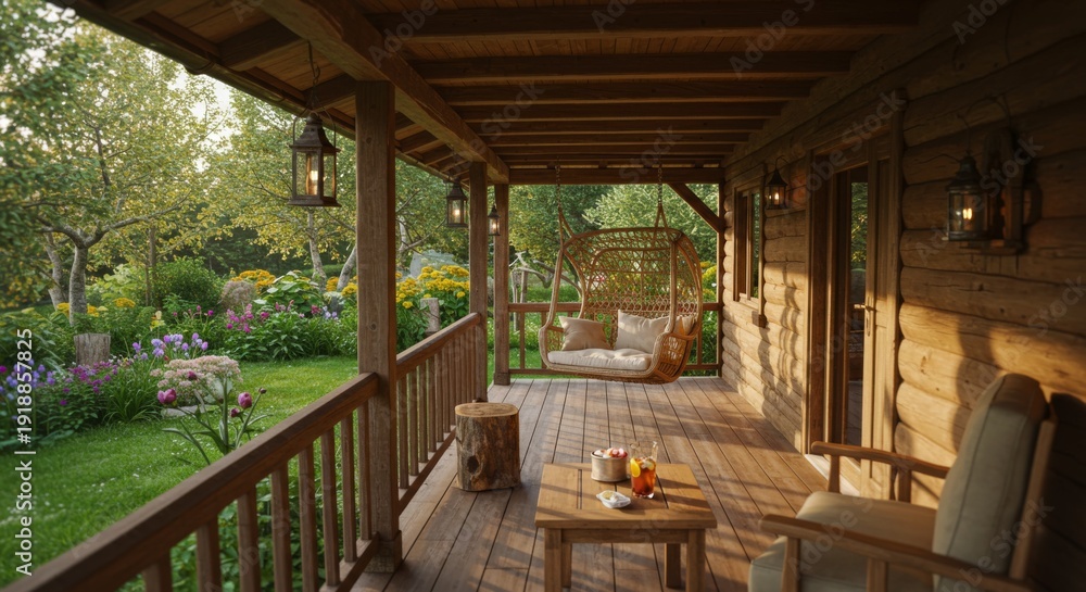 Fototapeta premium Rustic Wooden Cabin Porch with Garden View at Sunset