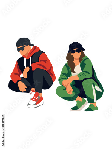 dynamic youth team squatting urban lifestyle graphic concept