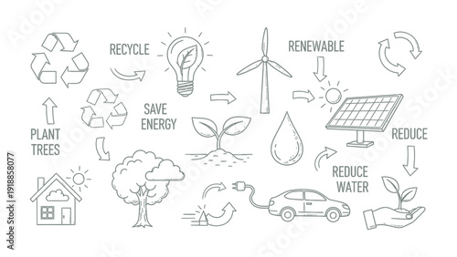 Eco-conscious Doodle: An array of eco-friendly elements, meticulously sketched, presents a vision of sustainable living, encompassing concepts of recycle, renewable energy.