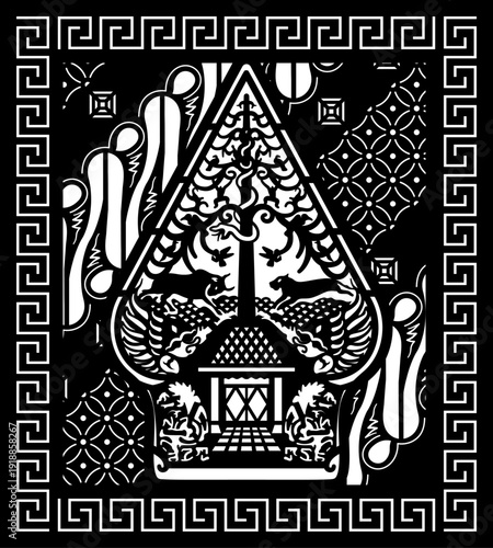 Javanese Gunungan Wayang Batik Black White Square Pattern