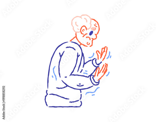 Illustration of an elderly man with a tremor. Parkinson's disease concept. Progressive motor disorder, trembling hands, balance disorders. Health problems. Outline style character texture.
