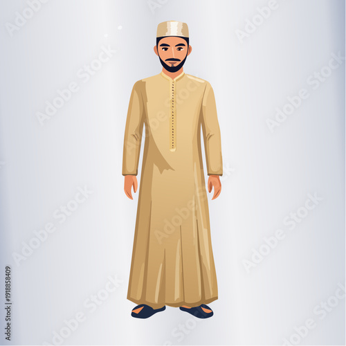 Illustration of a man wearing traditional Islamic clothing and headwear.