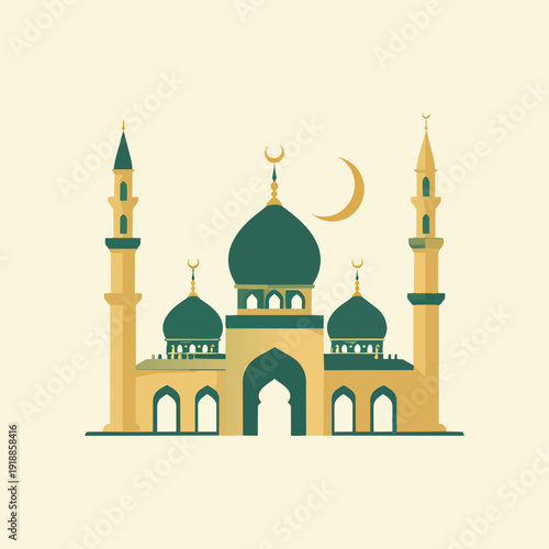 Islamic Mosque illustration: An aesthetically pleasing flat illustration of a mosque with its beautiful domes, minarets, and the crescent moon, symbolizing the essence of faith.