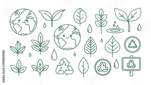 Eco-Conscious Graphics: A collection of charming, line-drawn illustrations depicting the Earth, leaves, raindrops, and recycling symbols, all in a cohesive eco-friendly style.