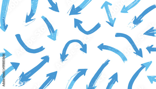 Abstract collection of distressed hand drawn black arrows pointing inward toward a central empty white space creating a dynamic focal point design element