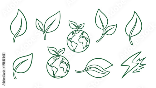 Eco-Friendly Elements: An array of minimalist, line-drawn illustrations celebrating the beauty and vitality of the natural world, while emphasizing environmental sustainability and eco-consciousness.