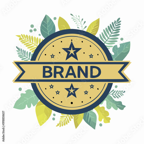 Brand logo emblem with stars and leaves in circular frame.