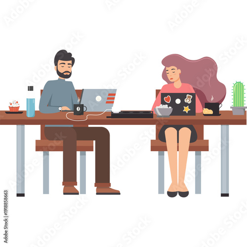 Freelancer man and woman working on laptop at cafe vector icon isolated on white