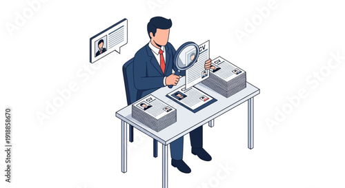 Professional recruiter reviewing job applications and CVs with a magnifying glass