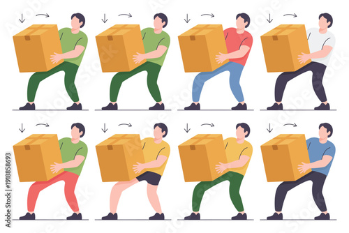 Man demonstrates different ways to lift a heavy cardboard box safely.