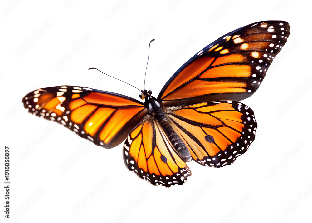Fototapeta premium Orange Monarch Butterfly in Flight Against White Background 