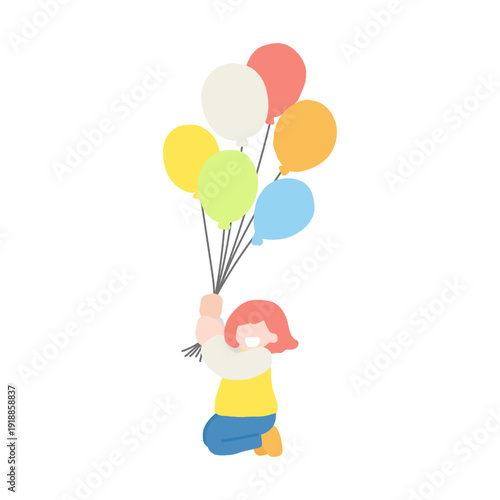 風船につかまって飛ぶこどものフラットなイラスト