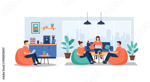 Modern coworking space with people working on laptops enjoying a casual and flexible office environment.