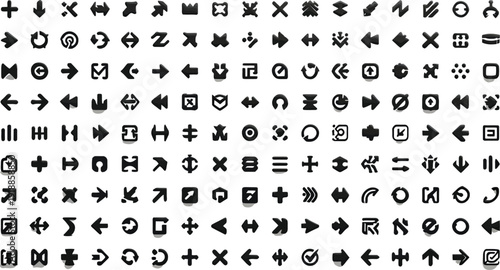 Collection of vibrant colorful three dimensional navigation and user interface icons displaying various directional arrows settings search symbols and essential modern application graphical elements