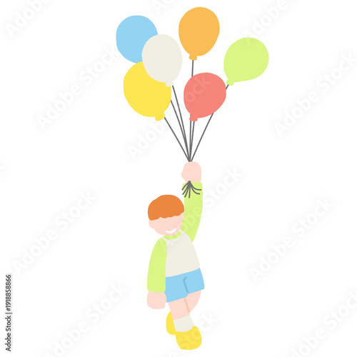 風船につかまって飛ぶこどものフラットなイラスト