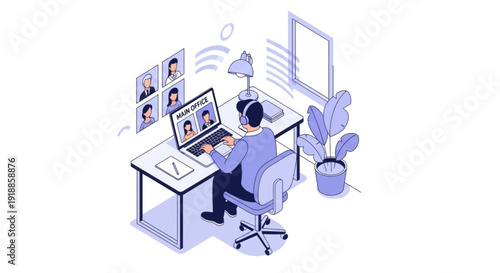 Person participating in an online video conference from a home office connecting with colleagues remotely