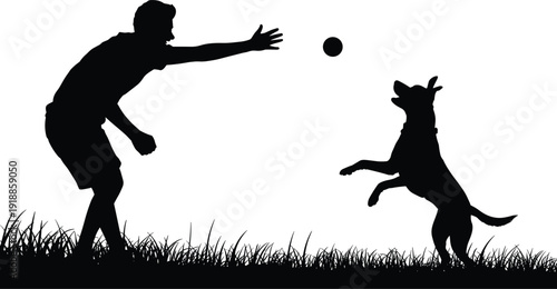 Silhouette of man throwing ball for jumping dog in grass