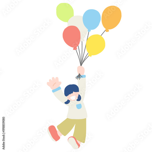 風船につかまって飛ぶこどものフラットなイラスト