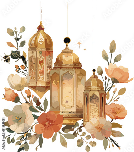 Autumn still life with leaves and vintage church lanterns and birdcage