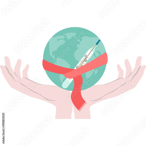 Worldwide pandemic metaphor with earth planet glob thermometer tied scarf in doctor caring hand vector icon