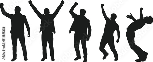 Black silhouettes of five men in different celebratory poses white background celebration