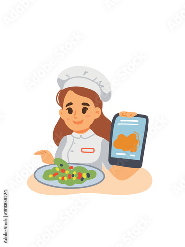 female cooking blogger preparing meals vector illustration