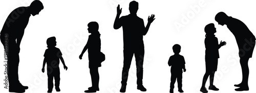 Black silhouettes of adults and children in various poses white background